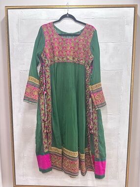Green Pink Gold Embroidered Anarkali Kurta Dress South Asian Festive Wear